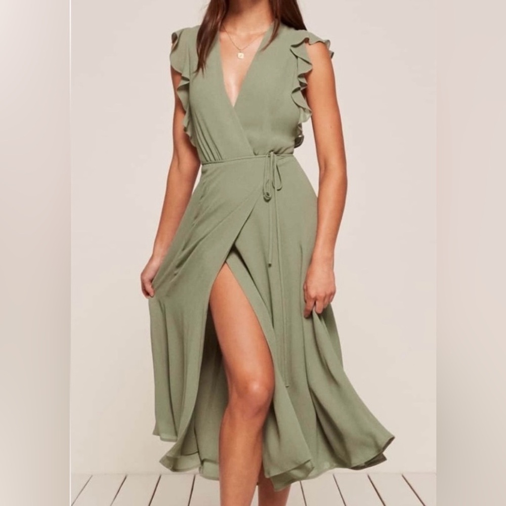 Reformation Sage Green Hillary Midi Wrap Dress
